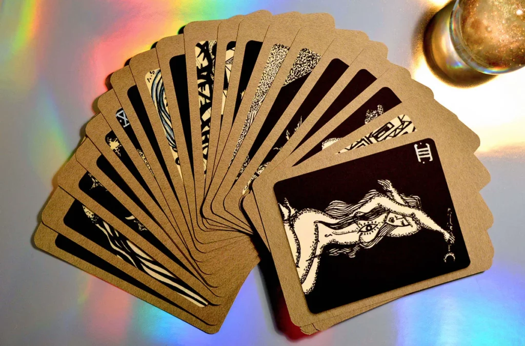 Cartes de jeu de tarot de l'illustratrice déployées sur fond holographique