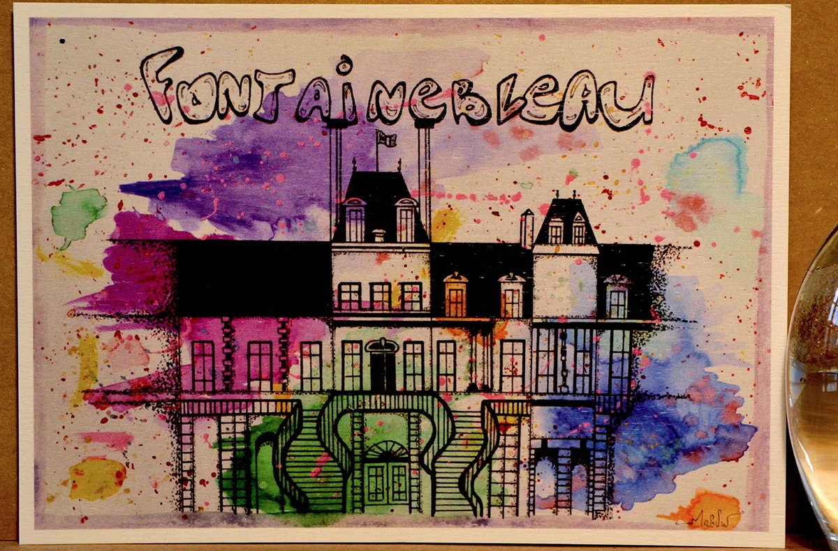 carte postale avec une illustration du château de Fontainebleau