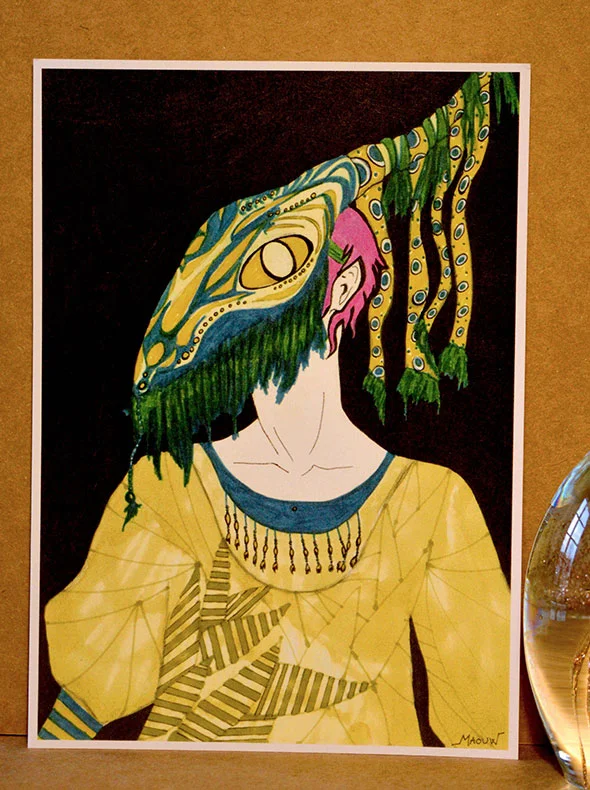 Carte postale de personnages, ici une illustration d'une femme avec un masque africain