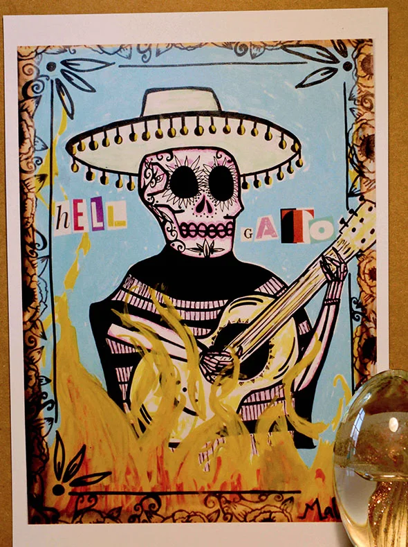Carte postale de personnages, ici une illustration d'un squelette mexicain